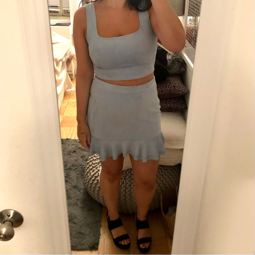 Aqua Microsuede Crop Top and Skirt Set (Light Blue)